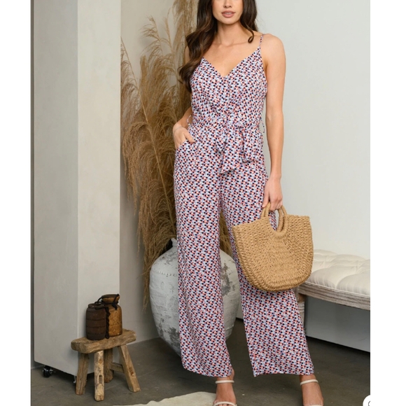 LAST ONE❗AMBITION Boho Chic Overlapping Dots Print Straight Leg Jumpsuit - Picture 4 of 6